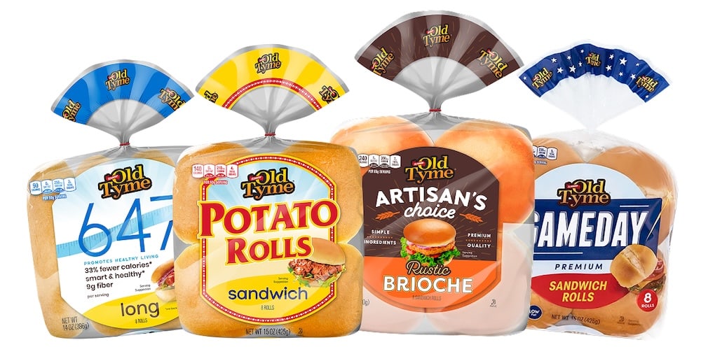 A group of bread products from SChmidt Old Tyme including 647 rolls, potato rolls, artisan's choice rolls, and game day rolls